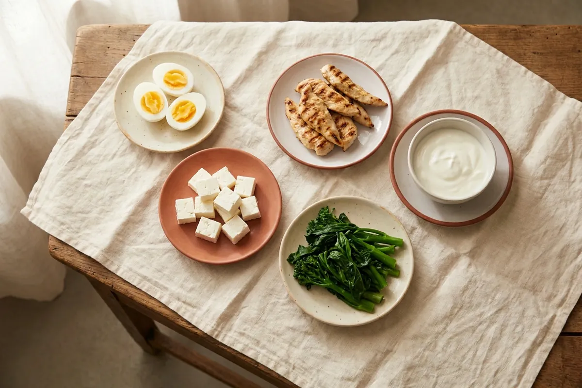 Porções pequenas de ovos cozidos, frango grelhado, iogurte natural, queijo branco e legumes no vapor