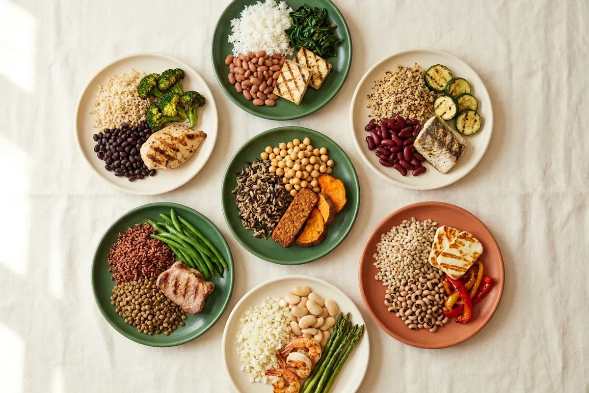 Sete pratos pequenos com refeições de arroz, feijão, proteína grelhada e legumes