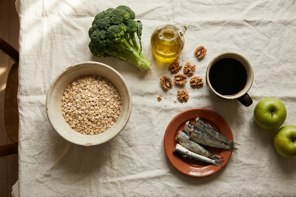 Aveia, brócolis, azeite de oliva, nozes, café preto, sardinha e maçãs sobre mesa clara