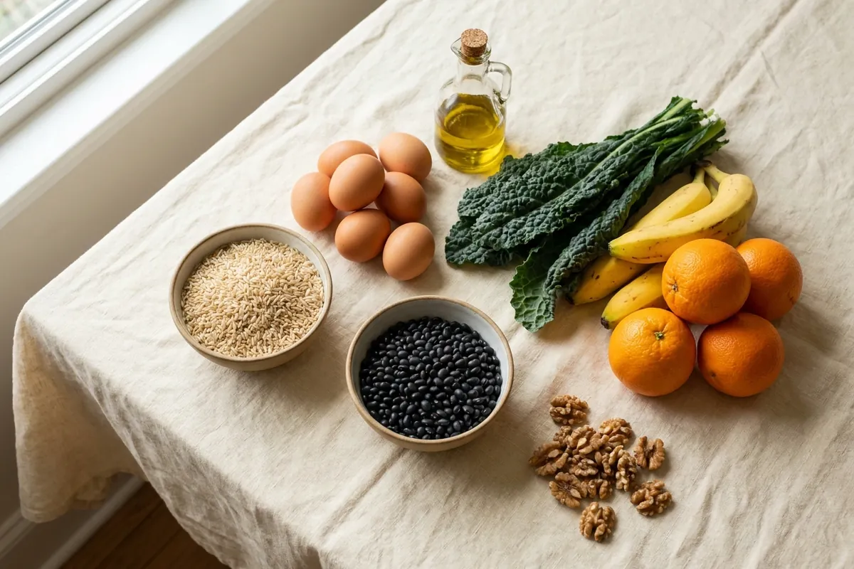 Alimentos frescos separados por grupo sobre mesa de linho: ovos, arroz, feijão, folhas, frutas e azeite
