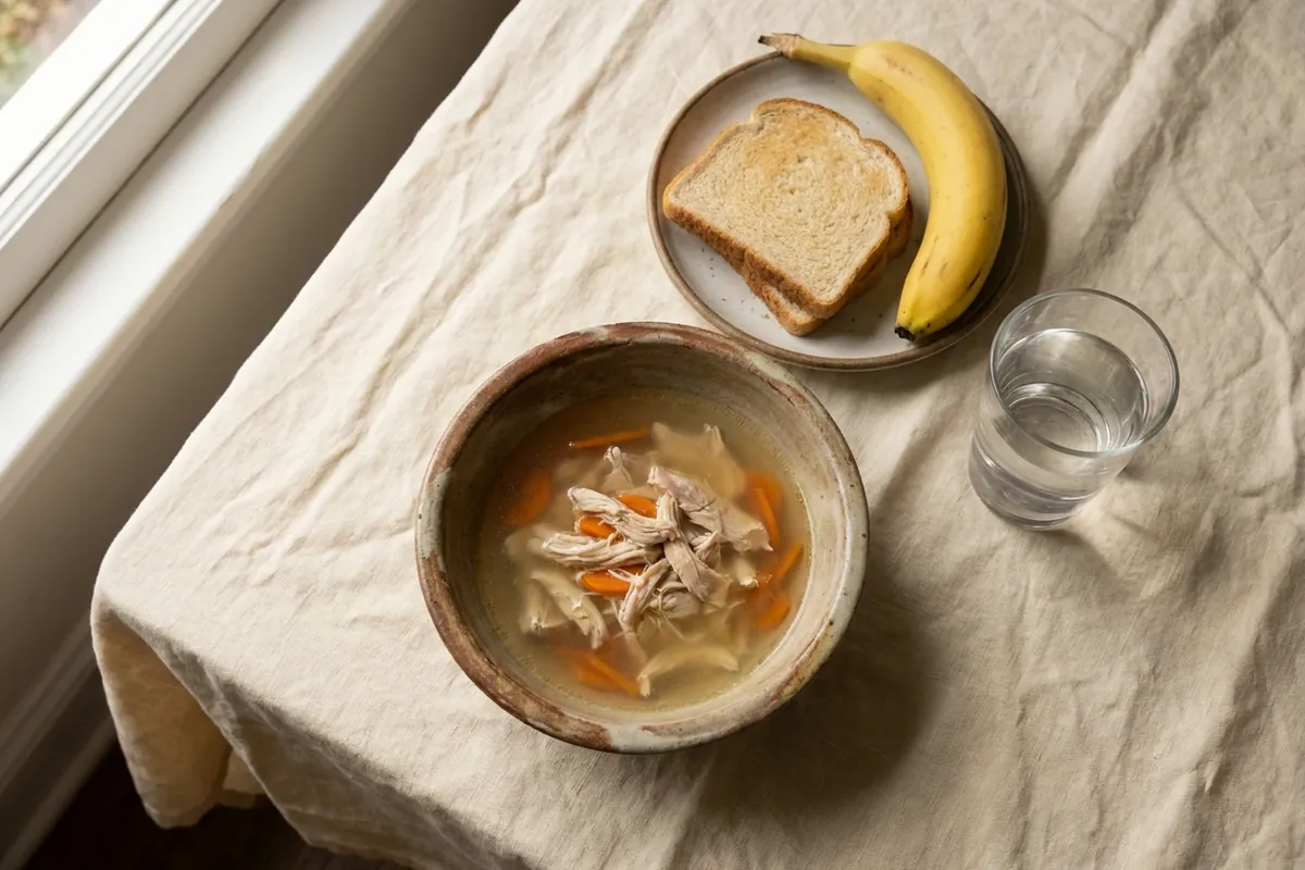 Tigela de caldo claro com frango desfiado e cenoura, ao lado de banana e torradas, sobre linho claro